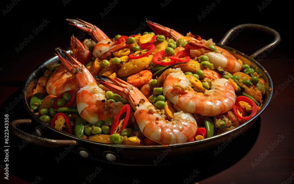 Dish with shrimps and vegetables in a skillet created with Generative AI technology
