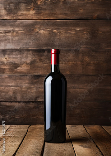 Wine bottle mockup with no label on rustic wooden surface in wine cellar. Add text or logo. Copy space. Ai Generative