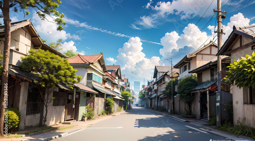 Picturesque Village Scene: Vibrant Homes Against a Serene Sky photo
