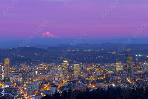 Downtown Portland Oregon Cityscape with Mount Hood during evening time after sunset