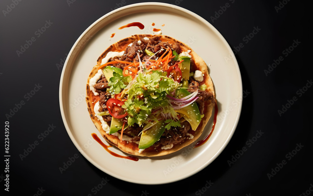 Mexican tostada with beef, vegetables, and tortilla on a plate created with Generative AI technology