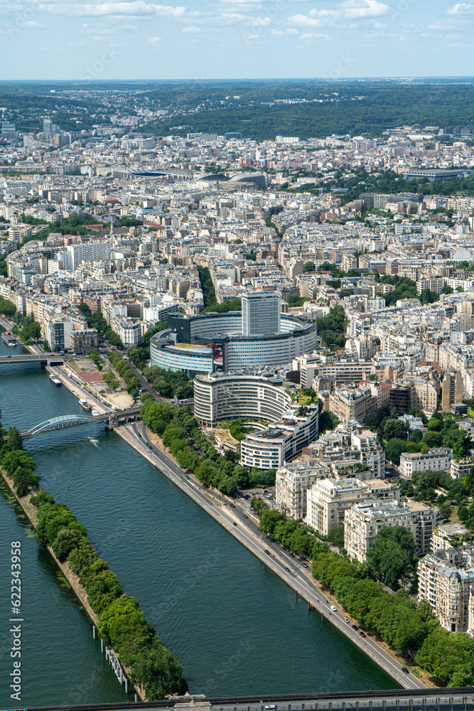 Beautiful view of the Auditorium de Radio France from the Eiffel Tower observation deck in Paris, France