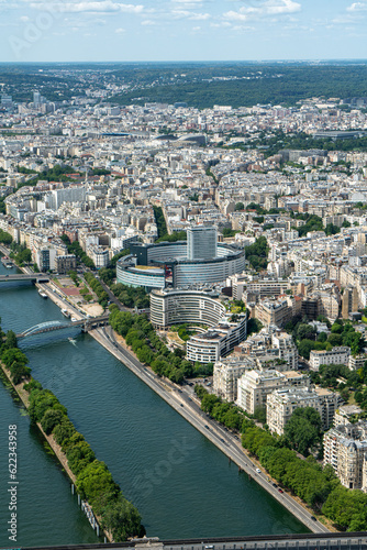Beautiful view of the Auditorium de Radio France from the Eiffel Tower observation deck in Paris, France