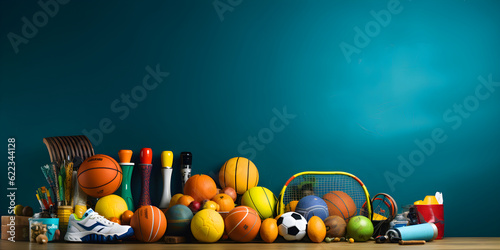 Banner with various sports equipment on blue background with copy space, blank space for text, sport concept, generated ai