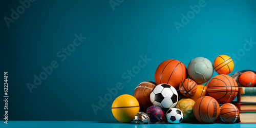 Banner with various sports equipment on blue background with copy space  blank space for text  sport concept  generated ai