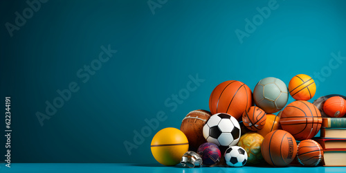 Fototapeta Naklejka Na Ścianę i Meble -  Banner with various sports equipment on blue background with copy space, blank space for text, sport concept, generated ai