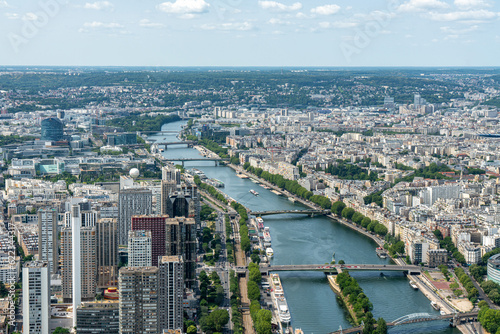 View of the Seine river from the Eiffel Tower observation deck in Paris, France