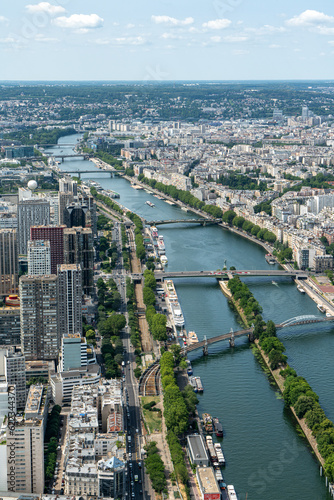 Beautiful city view of the Seine River from the top of the Eiffel Tower in Paris, France