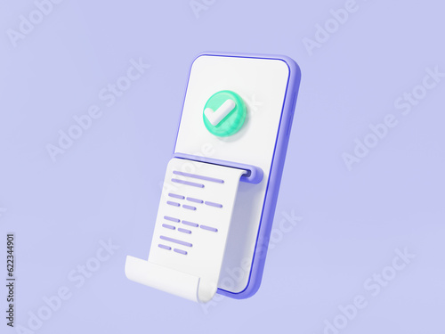 Pay money and bills with mobile phone with check mark. Online shopping, online payment approved, banking, financial transaction, receipt, cashless, invoices, money transfer. 3d render illustration photo