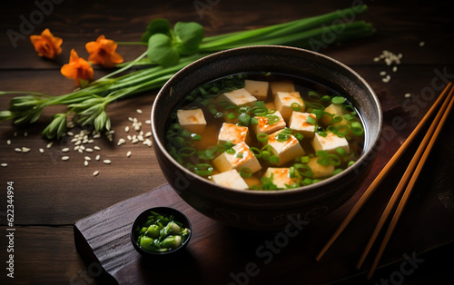 Miso soup in a bowl created with Generative AI technology photo
