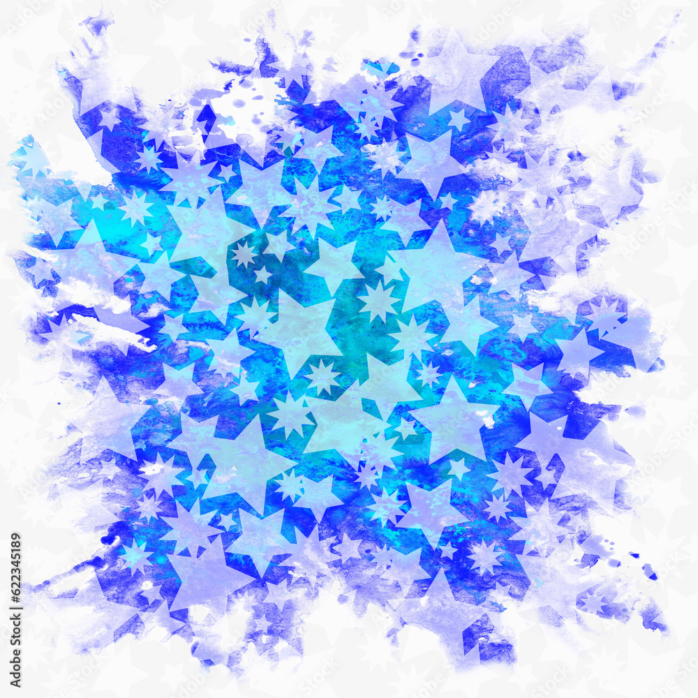 Fototapeta premium Christmas Holiday Pattern, Stars Blue and White Silhouettes on Hand-Draw Watercolor Painting Background