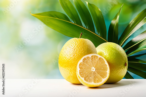 Fresh juicy white grapefruit on a background with palm leaves and bokeh effect. Generative AI