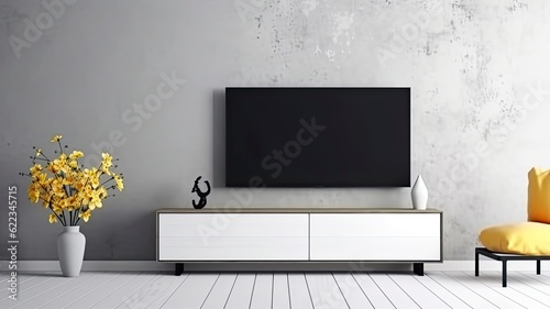 TV on the wall in modern living room.AI Generative. 