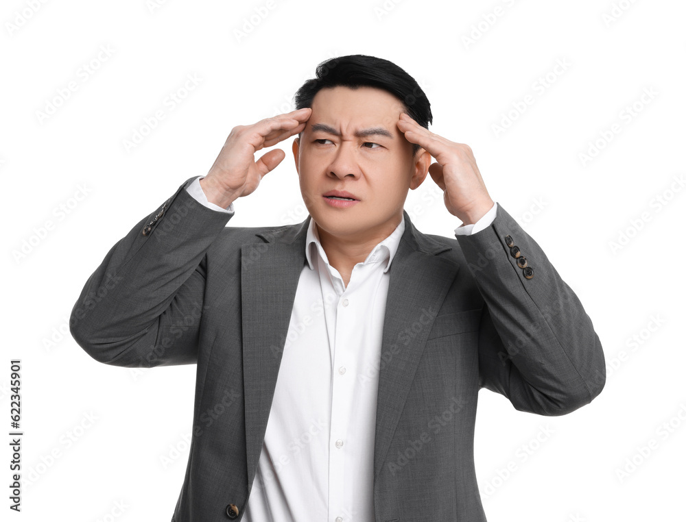 Tired businessman in suit suffering from headache on white background Tired businessman in suit suffering from headache on white background