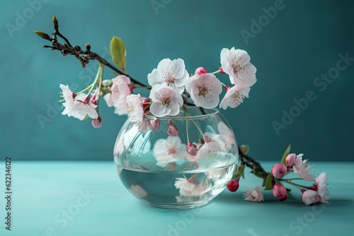 Cherry blossom branch twigs in a glass vase with copy space against a blue and pink background. bunch of spring flowers. décor for a room. Mockup for an elegant business card. Postcard for Mother's