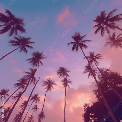Tall palm trees. View from the ground towards the sky. Copy space concept