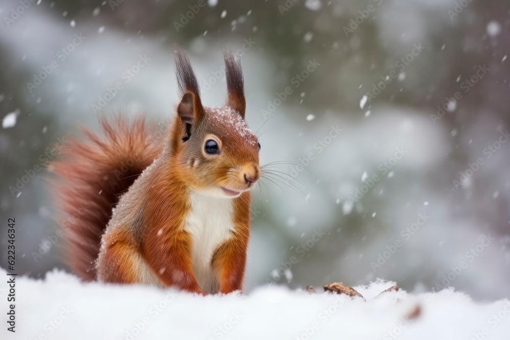 Red squirrel in the falling snow. Cute squirrel sitting in the snow covered with snowflakes. Winter background Red squirrel in the falling snow. Cute squirrel sitting in the snow covered with snowflakes. Winter background