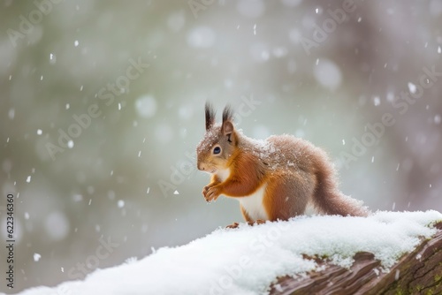 Red squirrel in the falling snow. Cute squirrel sitting in the snow covered with snowflakes. Winter background