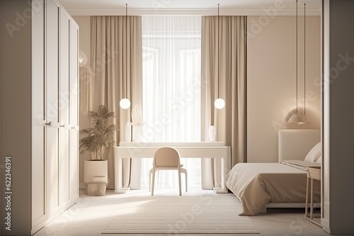 Bright bedroom with a vertical poster with a backlight on a white wall next to a beige closet, sconces, and bedside tables beside the window with beige drapes. Generative AI