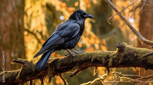 Raven sitting on a branch in autumn forest. Close-up