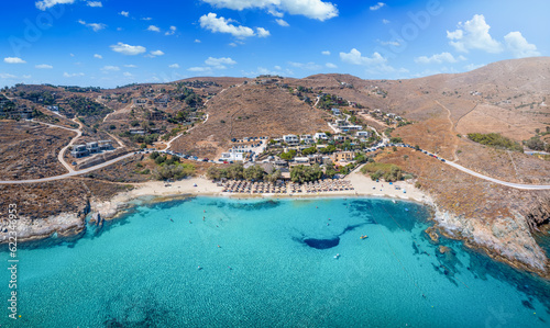 Aerial view of the popular Koundouros Beach at Kea, Tzia island, Greece, with turquoise, clear sea
