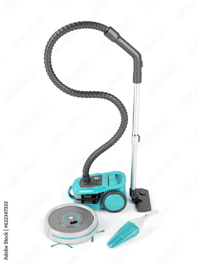 Bagless, robotic and handheld vacuum cleaners on white background Bagless, robotic and handheld vacuum cleaners on white background