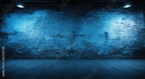 Fototapeta Naklejka Na Ścianę i Meble -  3d rendering of blue brick wall and floor with light spotlights