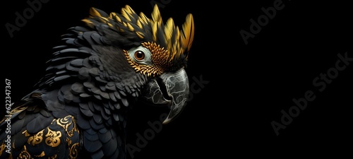 Animals birds banner - Closeup of abstract black gold yellow parrot, isolated on black background, Generative Ai photo