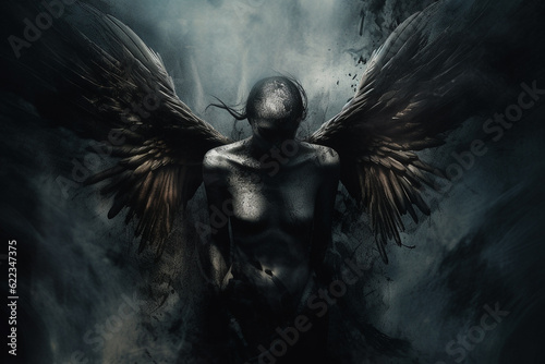 Religion, fantasy, fashion, good and evil concept. Abstract and surreal looking angel with wings illustration. Generative AI