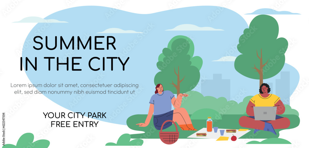 Fototapeta premium Web banner concept. Summer in the city. Proplr rest in the park, talking with friends, relaxing atmosphere. Two girls in picnic talking and working. Flat style. Vector illustration