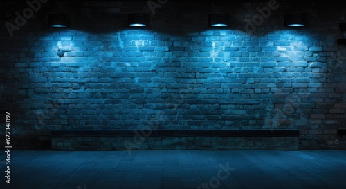 Fototapeta Naklejka Na Ścianę i Meble -  Blue brick wall with spotlights. 3D rendering. Neon light.