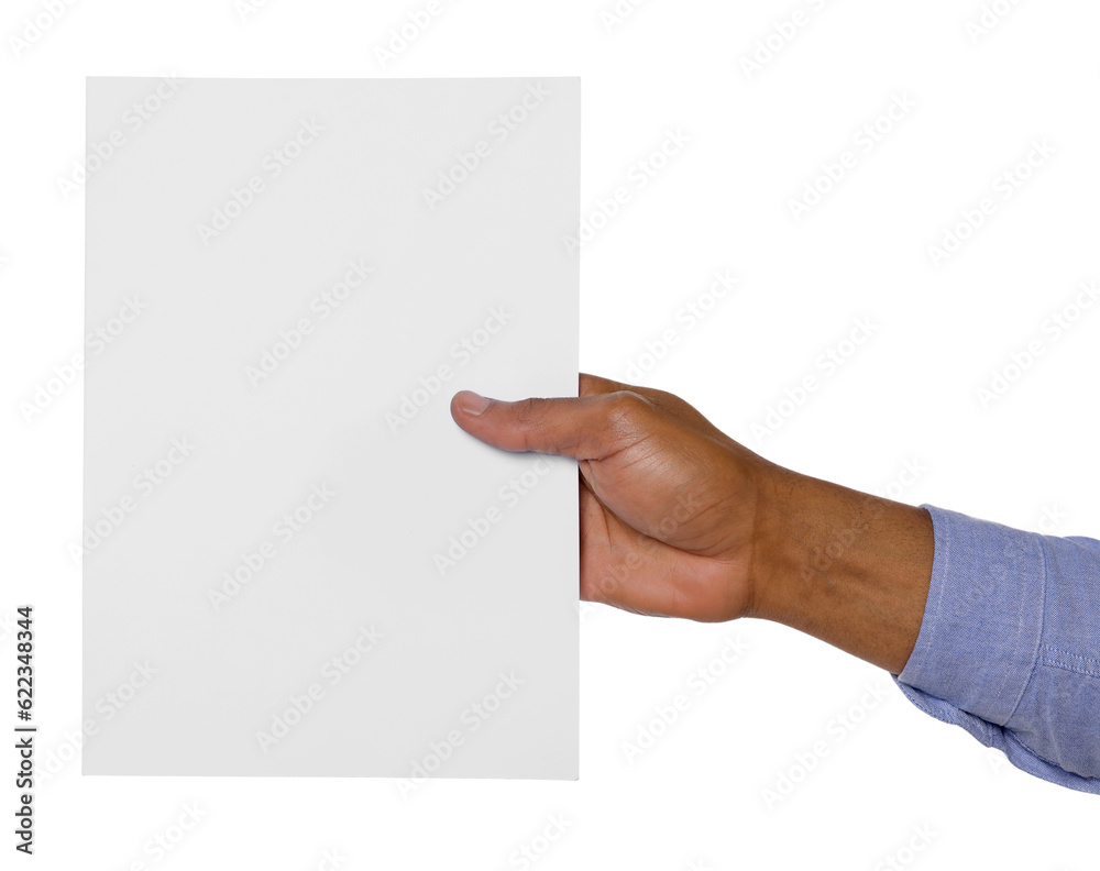African American man holding sheet of paper on white background, closeup. Mockup for design African American man holding sheet of paper on white background, closeup. Mockup for design