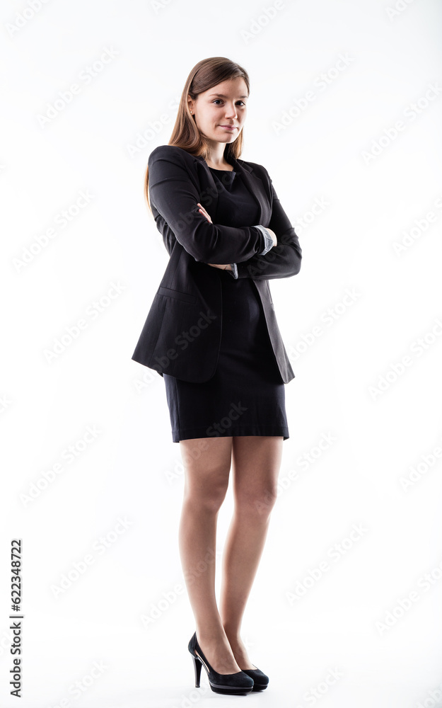 full shot portrait of a serious business woman on a white background full shot portrait of a serious business woman on a white background