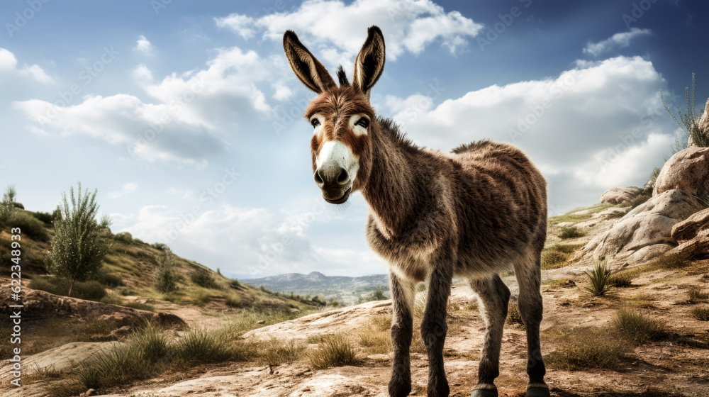 He stares at a donkey, its eyes filled with confusion and curiosity. He stares at a donkey, its eyes filled with confusion and curiosity.