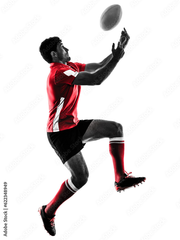 one caucasian rugby man player silhouette isolated on white background