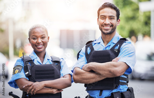 Quadro su tela Happy, portrait and police with arms crossed in the city for security, safety and justice on the street