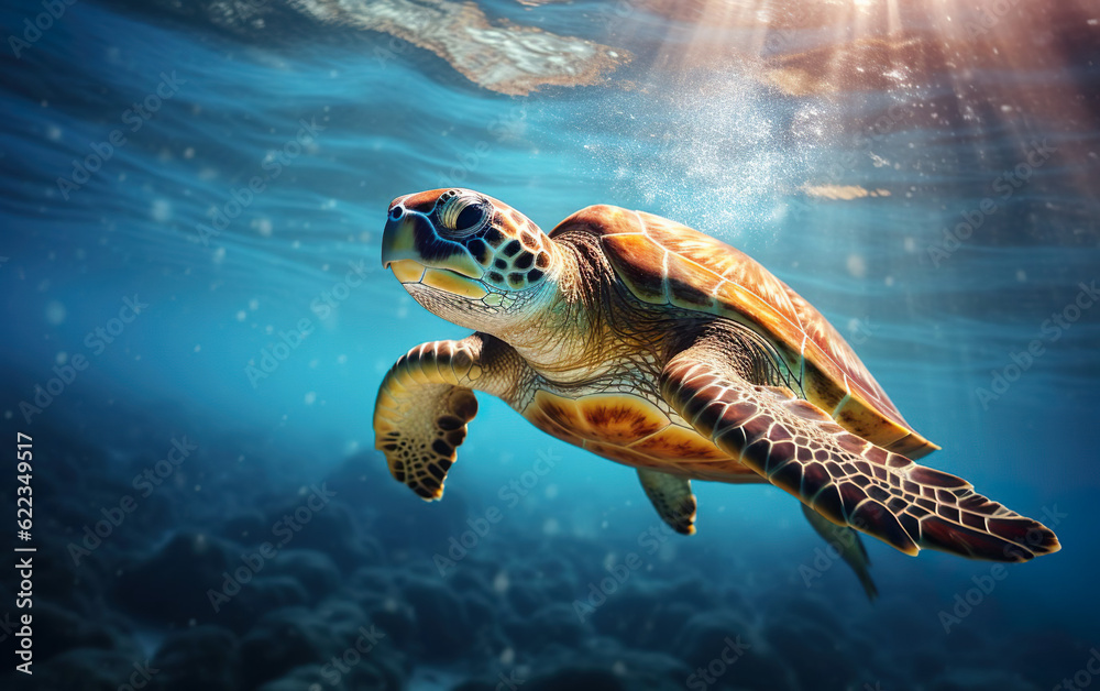 Fototapeta premium Sea turtle swimming in the ocean created with Generative AI technology
