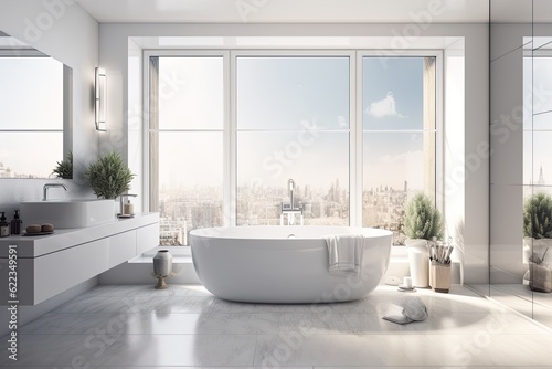 Bright bathroom interior with bathtub, empty white poster, and window with a view of the city. concept of spa treatments and hygiene for health. Generative AI