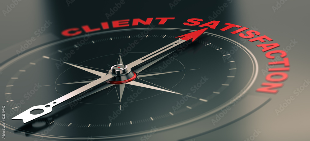 3D illustration of a conceptual compass with needle pointing the text client satisfaction, Business or Marketing concept. Horizontal image, red and black tones. 3D illustration of a conceptual compass with needle pointing the text client satisfaction, Business or Marketing concept. Horizontal image, red and black tones.