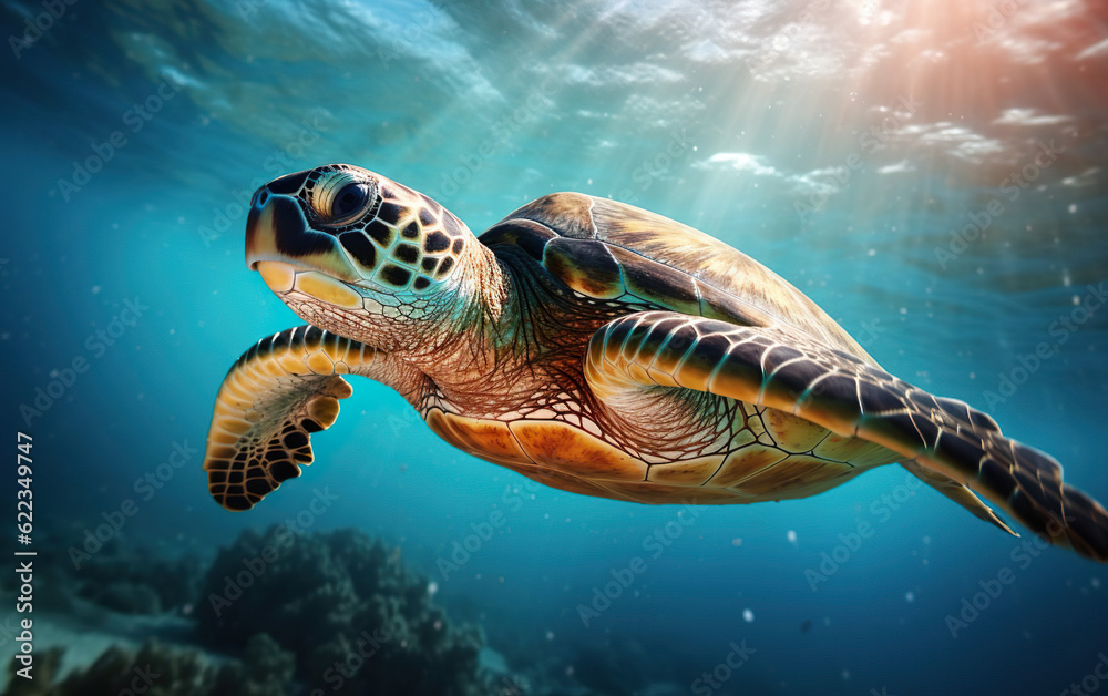 Fototapeta premium Sea turtle swimming in the ocean created with Generative AI technology