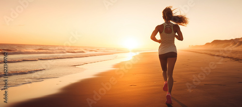 Athletic woman running on the beach at sunset