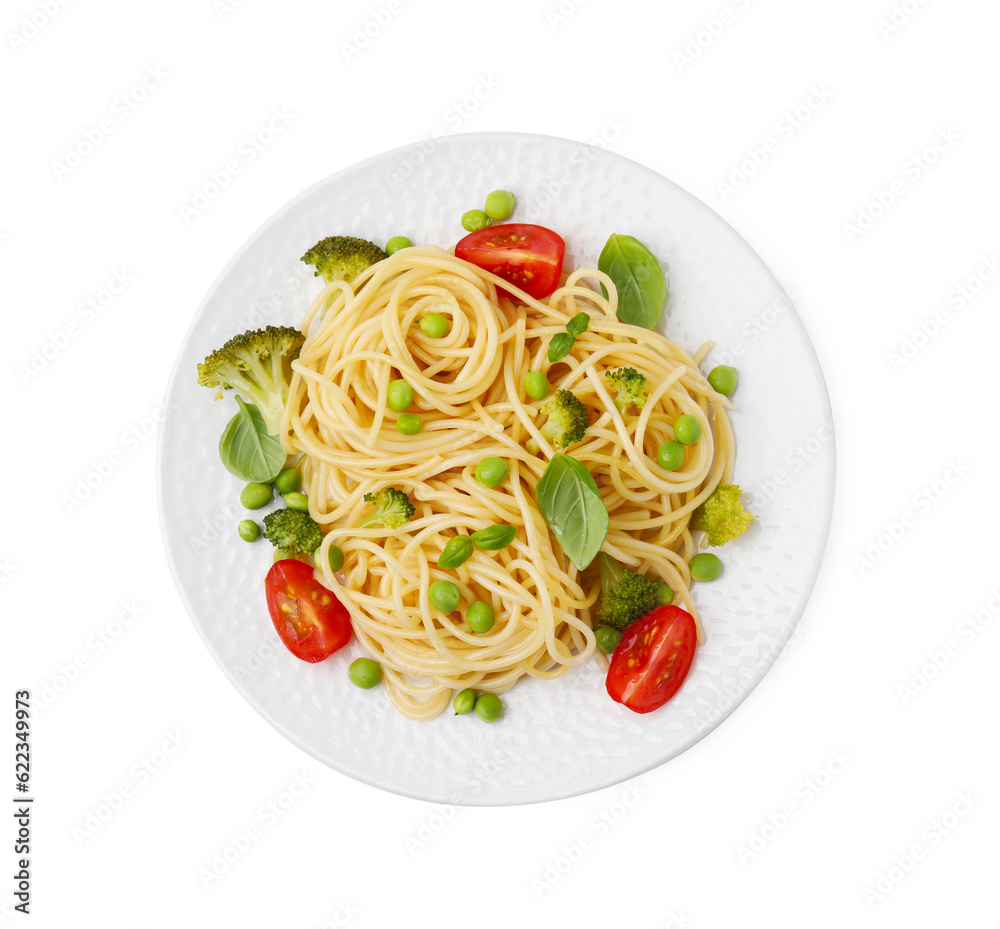 Plate of delicious pasta primavera isolated on white, top view