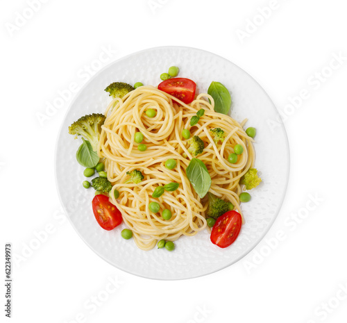 Plate of delicious pasta primavera isolated on white, top view