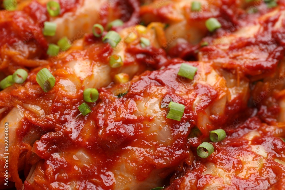 Delicious stuffed cabbage rolls cooked with homemade tomato sauce as background, closeup