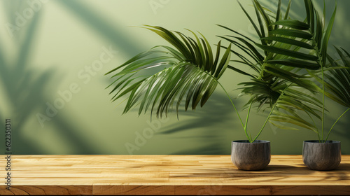 Empty wood table with a tropical palm tree in dappled sunlight  leaf shadows on a green wall   perfect 3D background for luxury organic cosmetic  skincare  beauty treatment  and nature product displays.