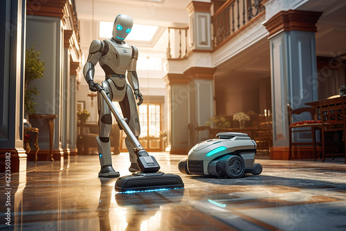 Humanoid robot cleaning the house. Future concept.
