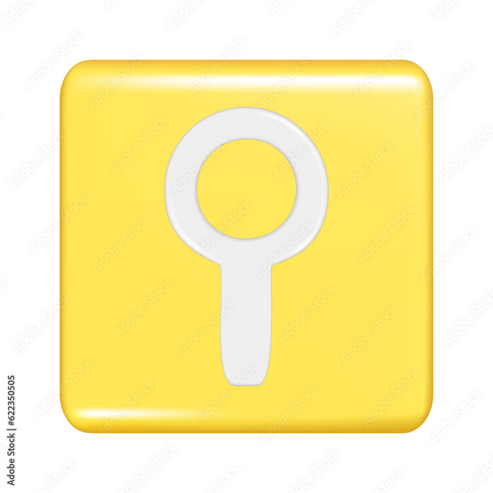 Realistic 3d yellow square shape with search icon, loupe search sign. Decorative square button icon, button symbol with magnifier element. Abstract vector illustration isolated on white background Realistic 3d yellow square shape with search icon, loupe search sign. Decorative square button icon, button symbol with magnifier element. Abstract vector illustration isolated on white background