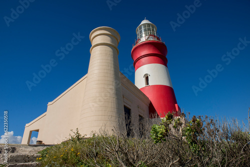A side view of the lighthouse at Cape Agulhas showing one of the two towers.