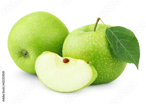 Ripe green apples with leaf and slice isolated on white background with clipping path