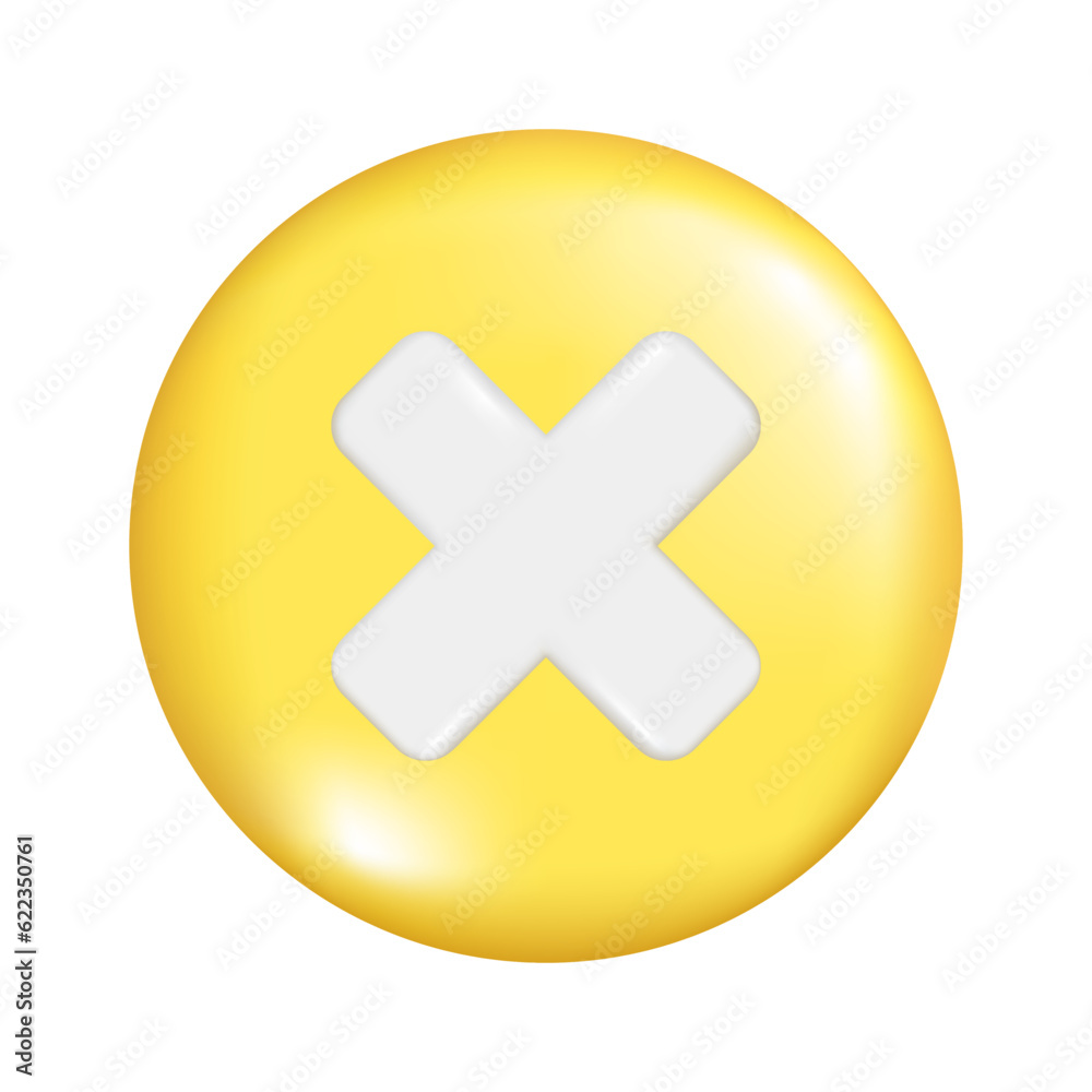 Fototapeta premium Realistic 3d yellow round sphere shape with multiply or cross sign. Decorative circle button icon, spherical symbol, education maths element. Abstract vector illustration isolated on white background.